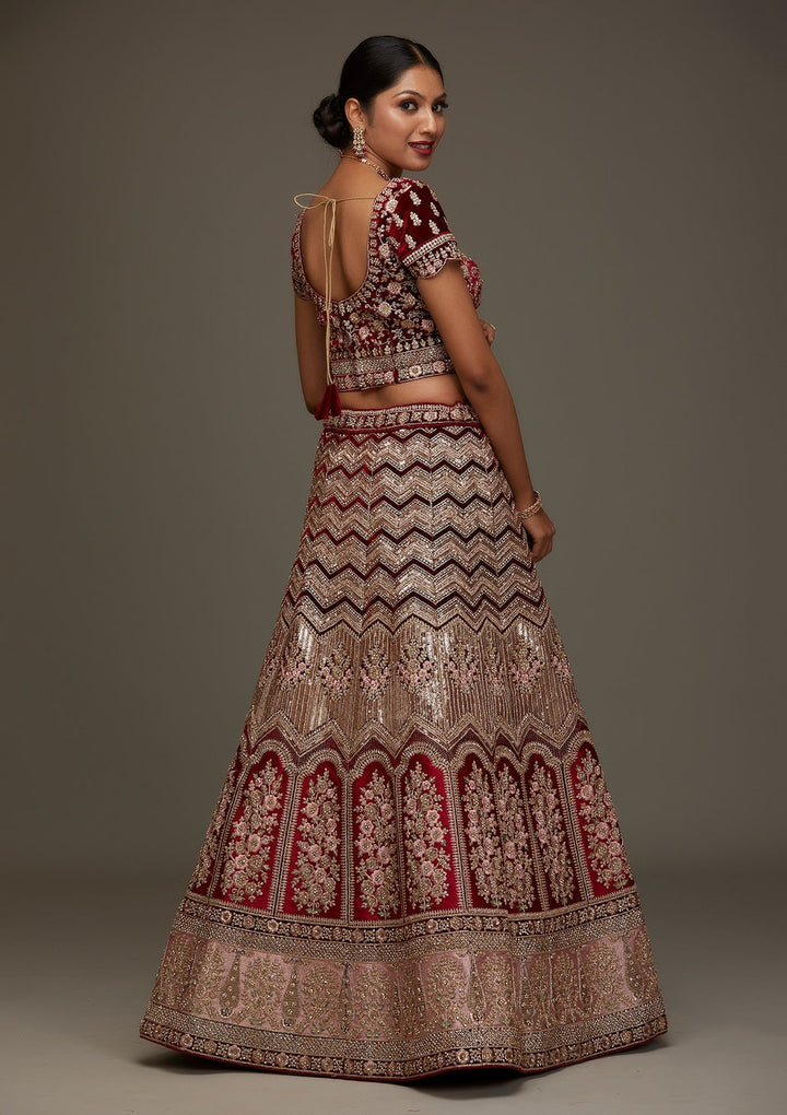 Maroon Stonework Velvet Designer Semi-Stitched Lehenga - Koskii