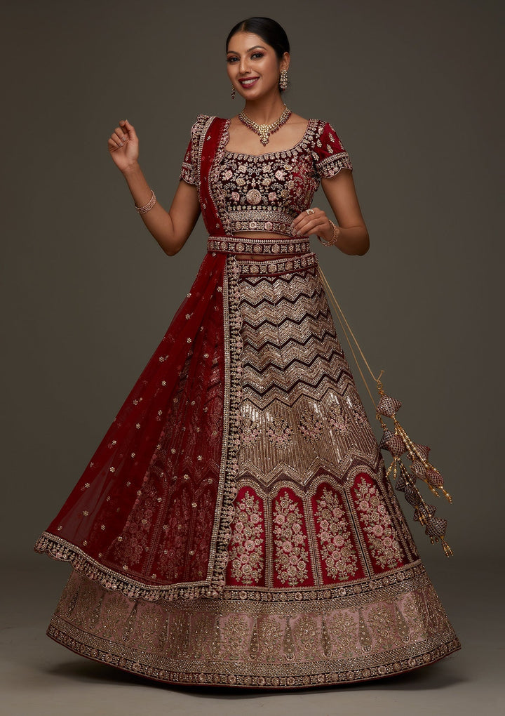Maroon Stonework Velvet Designer Semi-Stitched Lehenga - Koskii