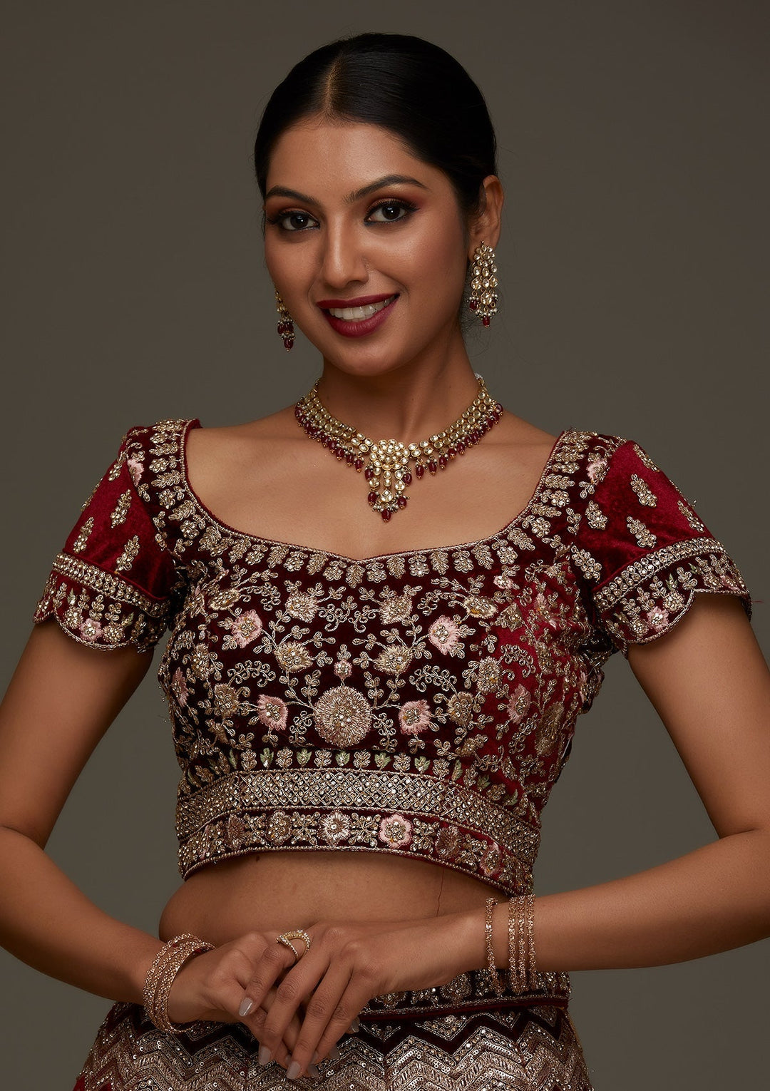 Maroon Stonework Velvet Designer Semi-Stitched Lehenga - Koskii