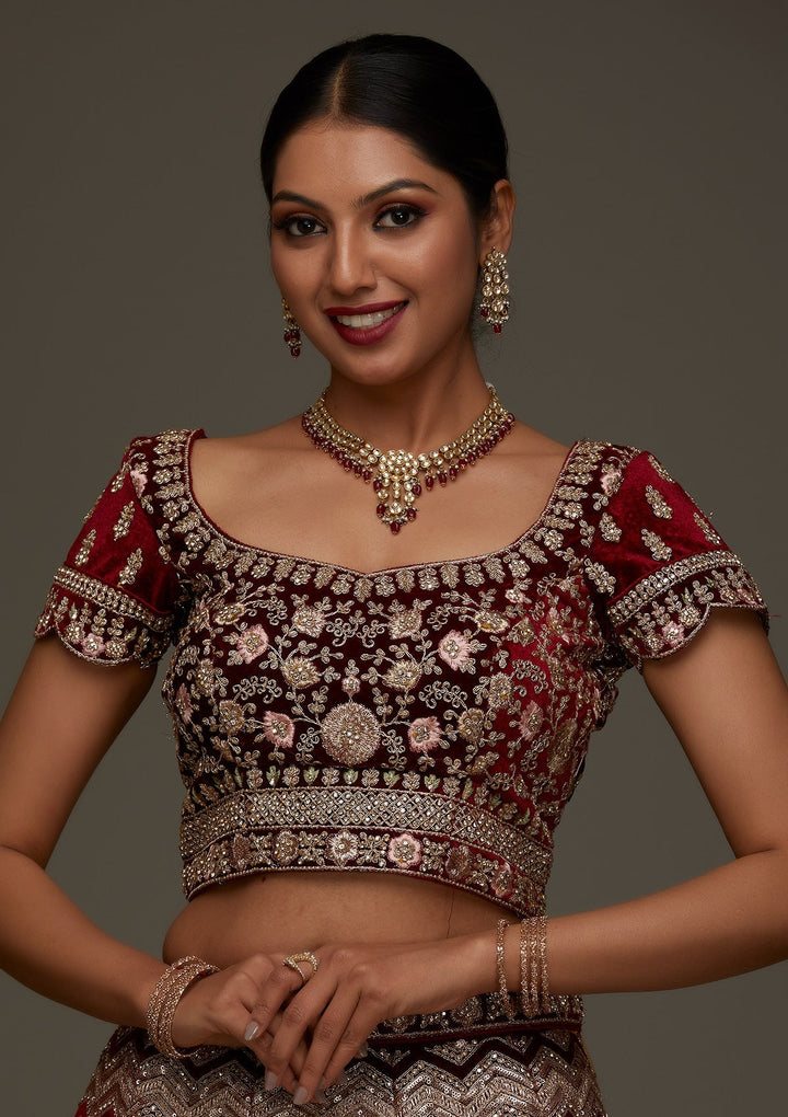 Maroon Stonework Velvet Designer Semi-Stitched Lehenga - Koskii