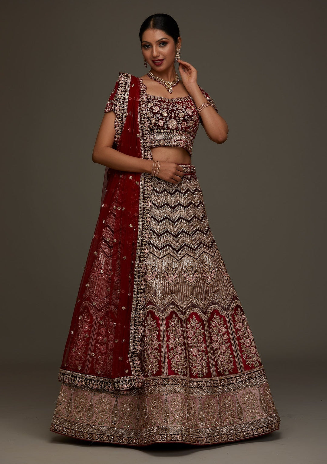 Maroon Stonework Velvet Designer Semi-Stitched Lehenga - Koskii