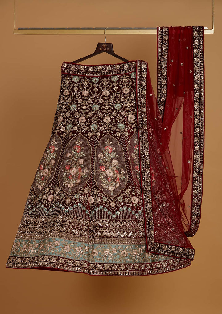 Maroon Stonework Velvet Designer Semi-Stitched Lehenga - Koskii