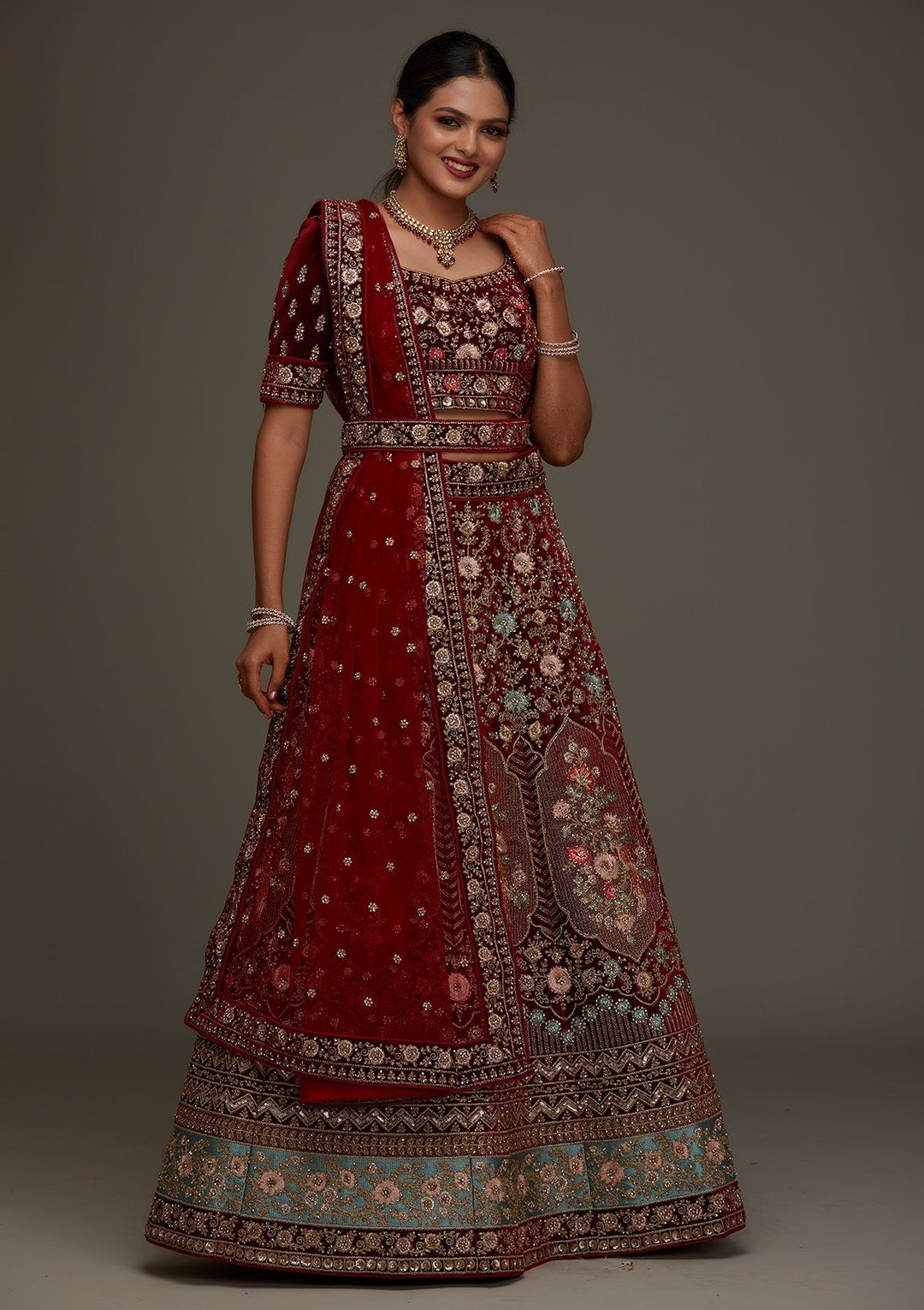 Maroon Stonework Velvet Designer Semi-Stitched Lehenga- Koskii