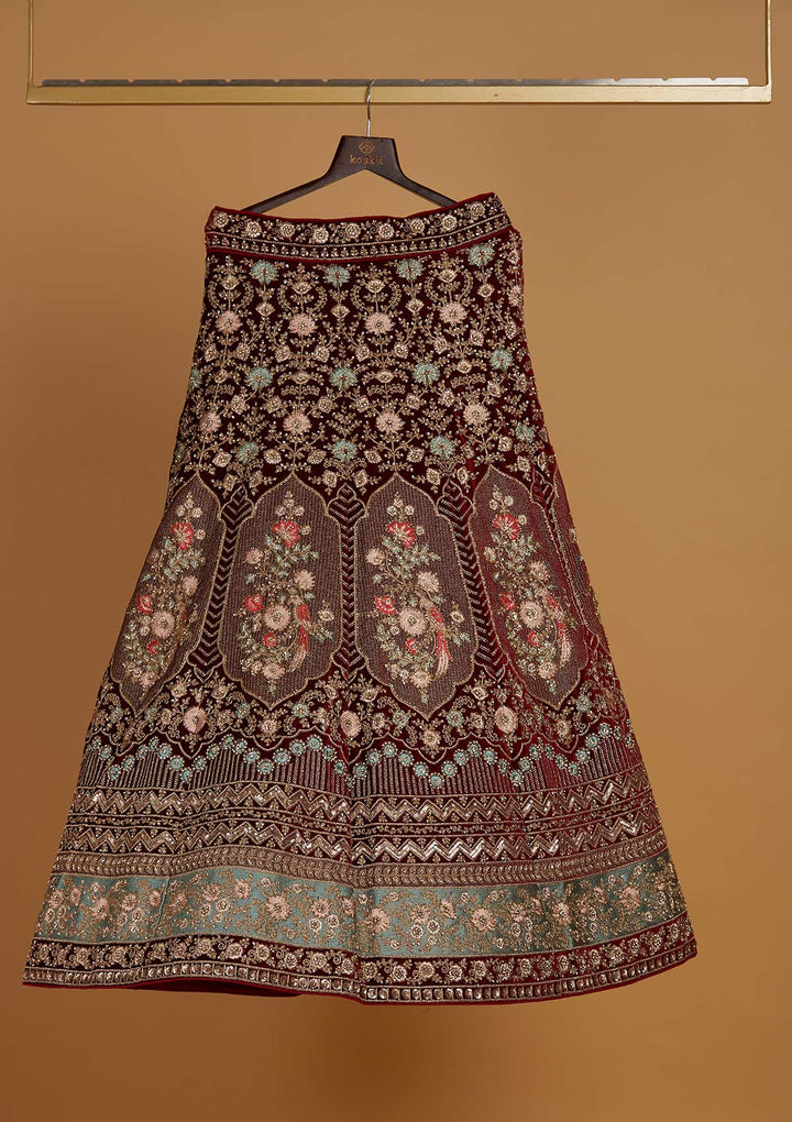 Maroon Stonework Velvet Designer Semi-Stitched Lehenga - Koskii
