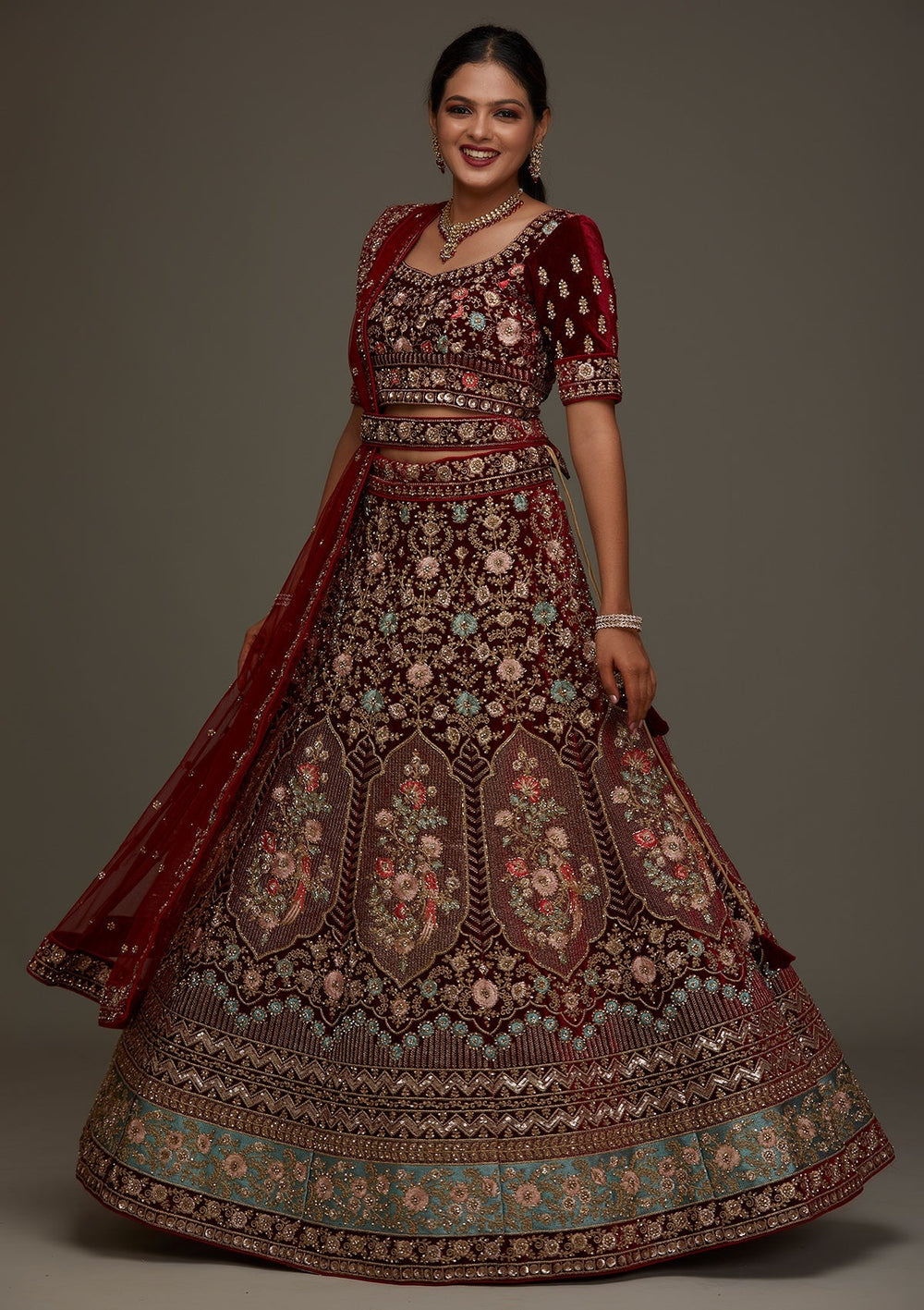 Maroon Stonework Velvet Designer Semi-Stitched Lehenga - Koskii