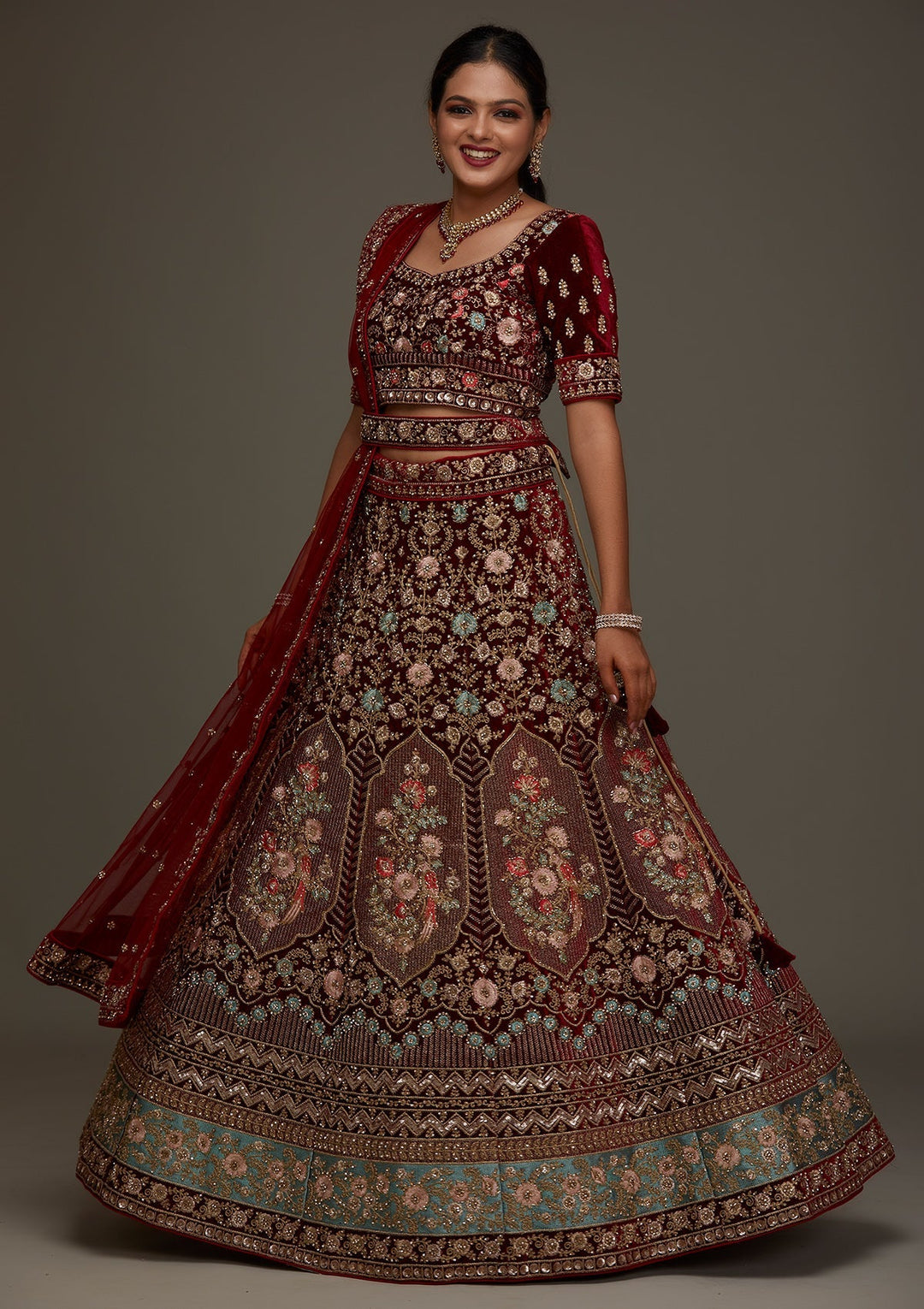 Maroon Stonework Velvet Designer Semi-Stitched Lehenga - Koskii