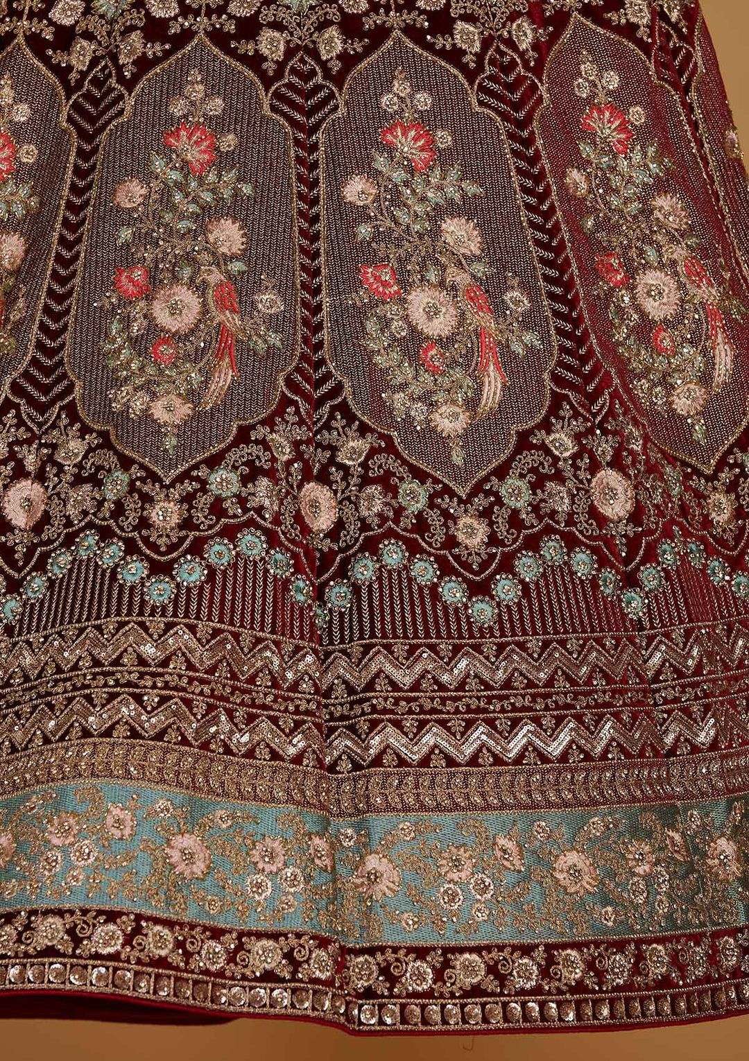 Maroon Stonework Velvet Designer Semi-Stitched Lehenga - Koskii