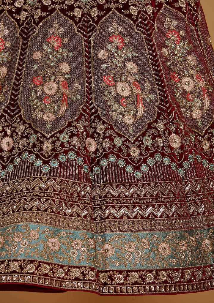 Maroon Stonework Velvet Designer Semi-Stitched Lehenga - Koskii