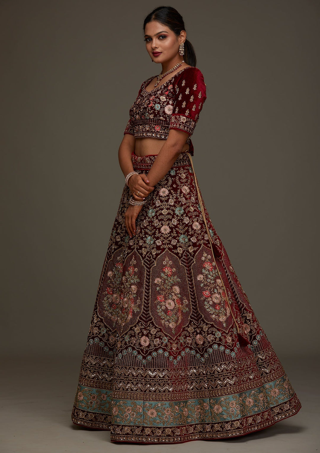 Maroon Stonework Velvet Designer Semi-Stitched Lehenga - Koskii