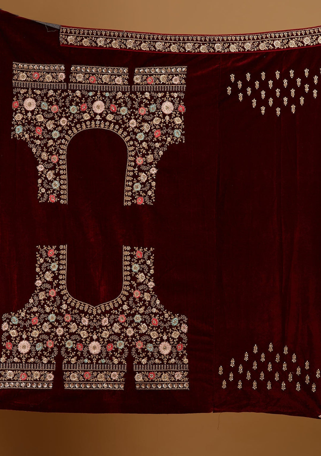 Maroon Stonework Velvet Designer Semi-Stitched Lehenga - Koskii