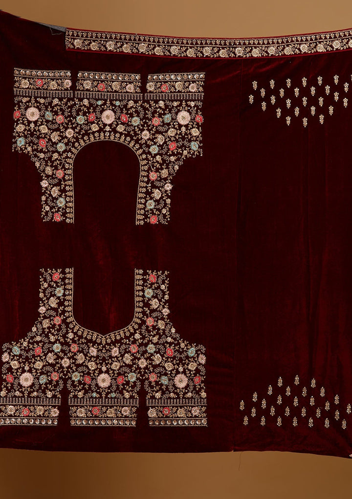 Maroon Stonework Velvet Designer Semi-Stitched Lehenga - Koskii