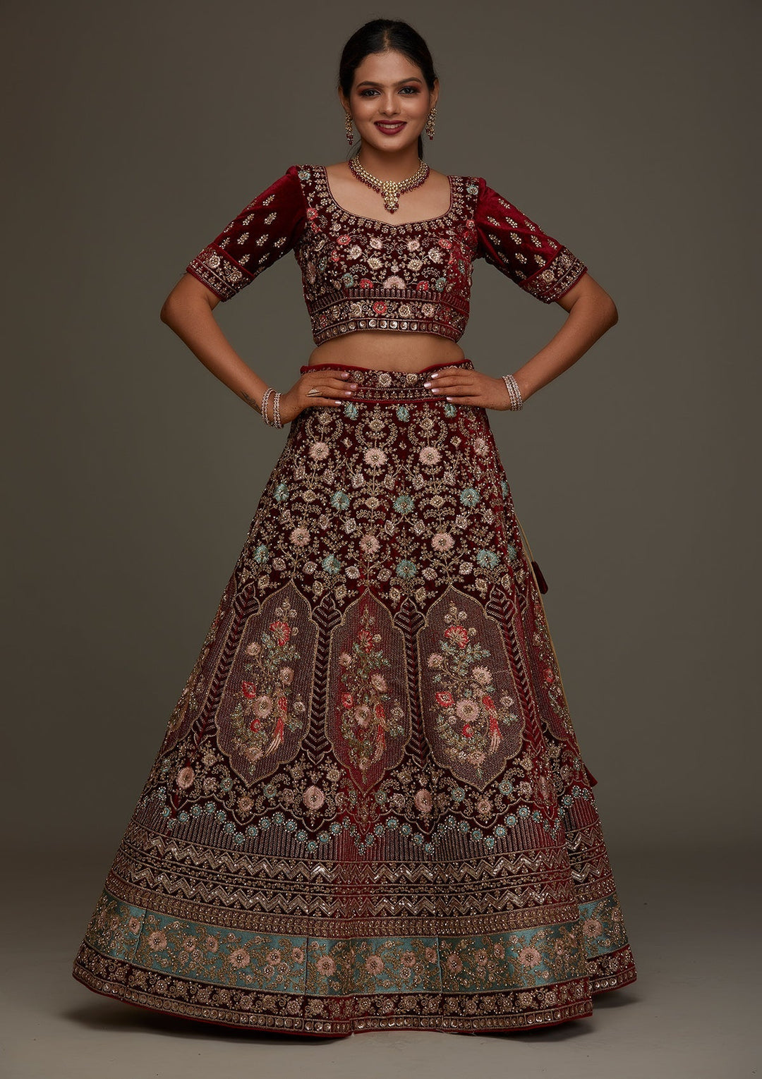 Maroon Stonework Velvet Designer Semi-Stitched Lehenga - Koskii