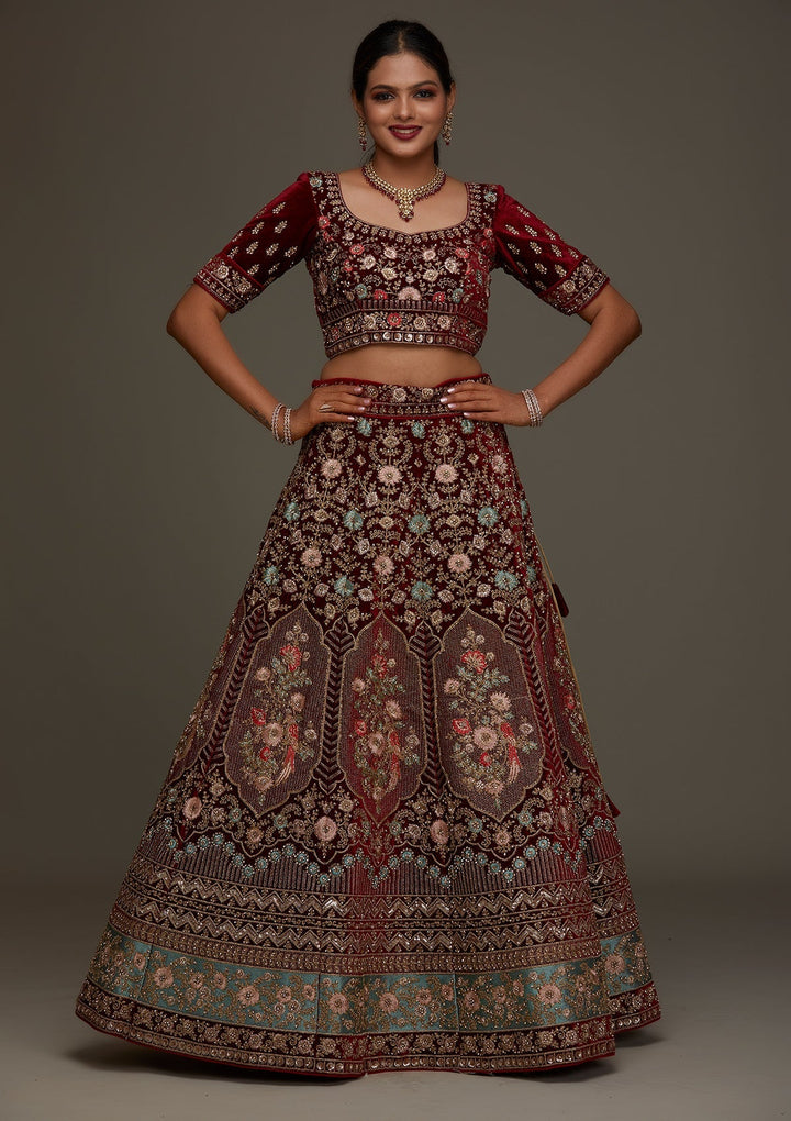 Maroon Stonework Velvet Designer Semi-Stitched Lehenga - Koskii