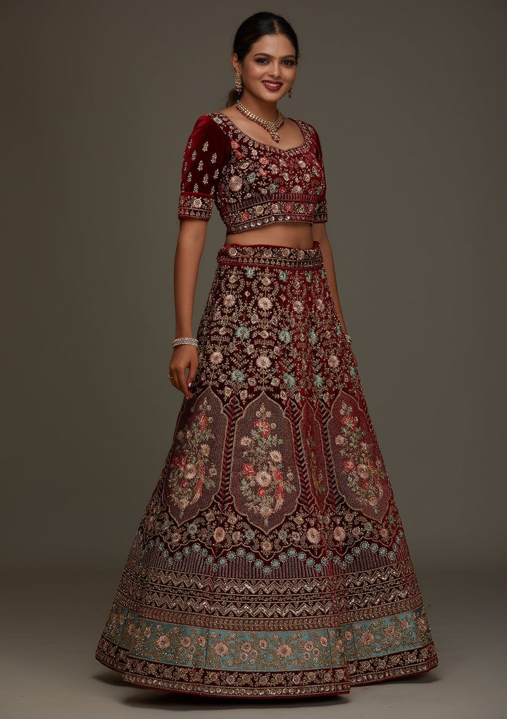 Maroon Stonework Velvet Designer Semi-Stitched Lehenga - Koskii