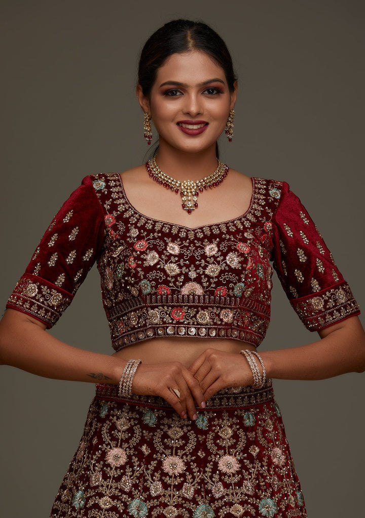 Maroon Stonework Velvet Designer Semi-Stitched Lehenga - Koskii