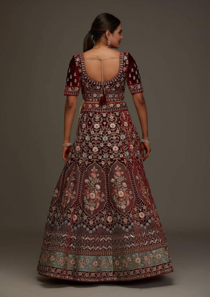 Maroon Stonework Velvet Designer Semi-Stitched Lehenga - Koskii