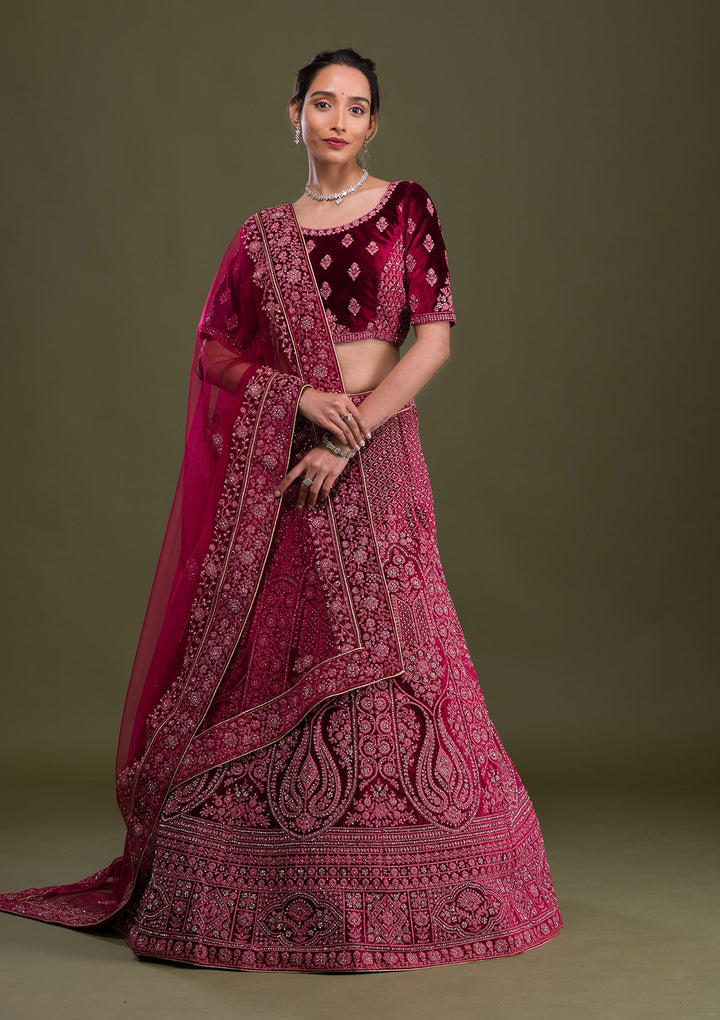 Maroon Stonework Velvet Semi Stitched Lehenga-Koskii