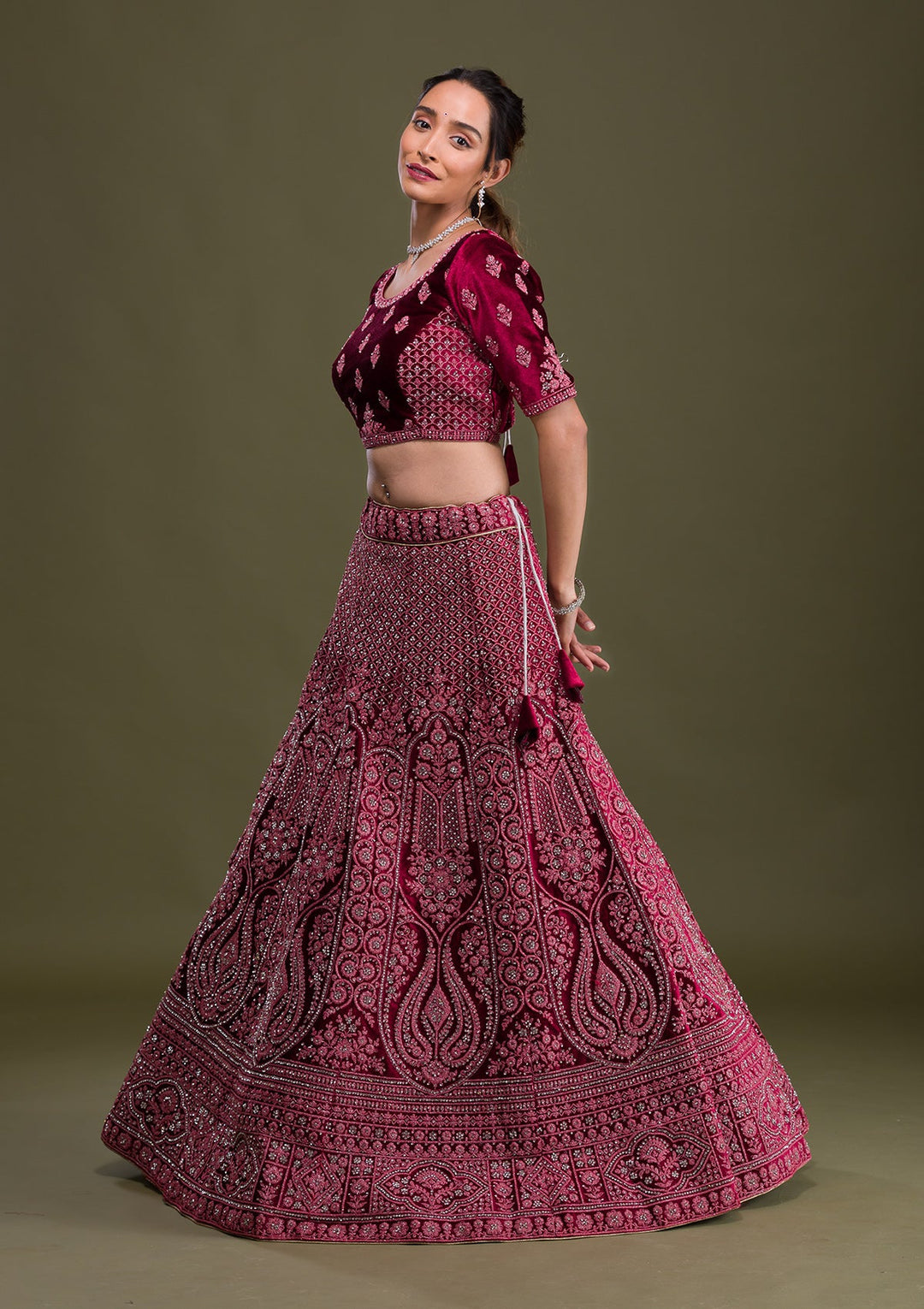 Maroon Stonework Velvet Semi Stitched Lehenga-Koskii