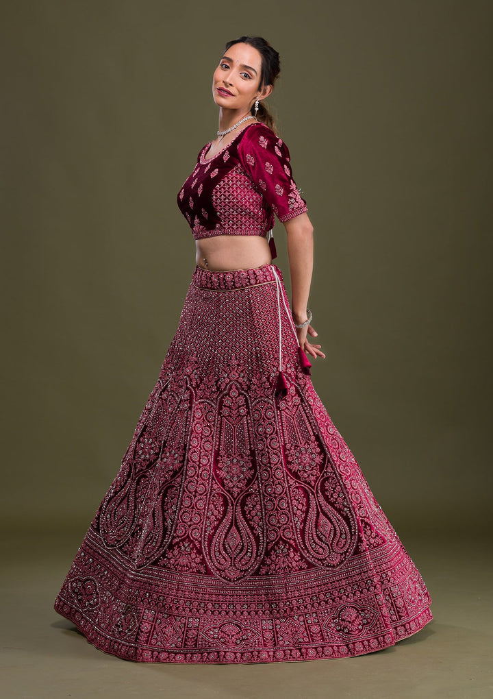 Maroon Stonework Velvet Semi Stitched Lehenga-Koskii