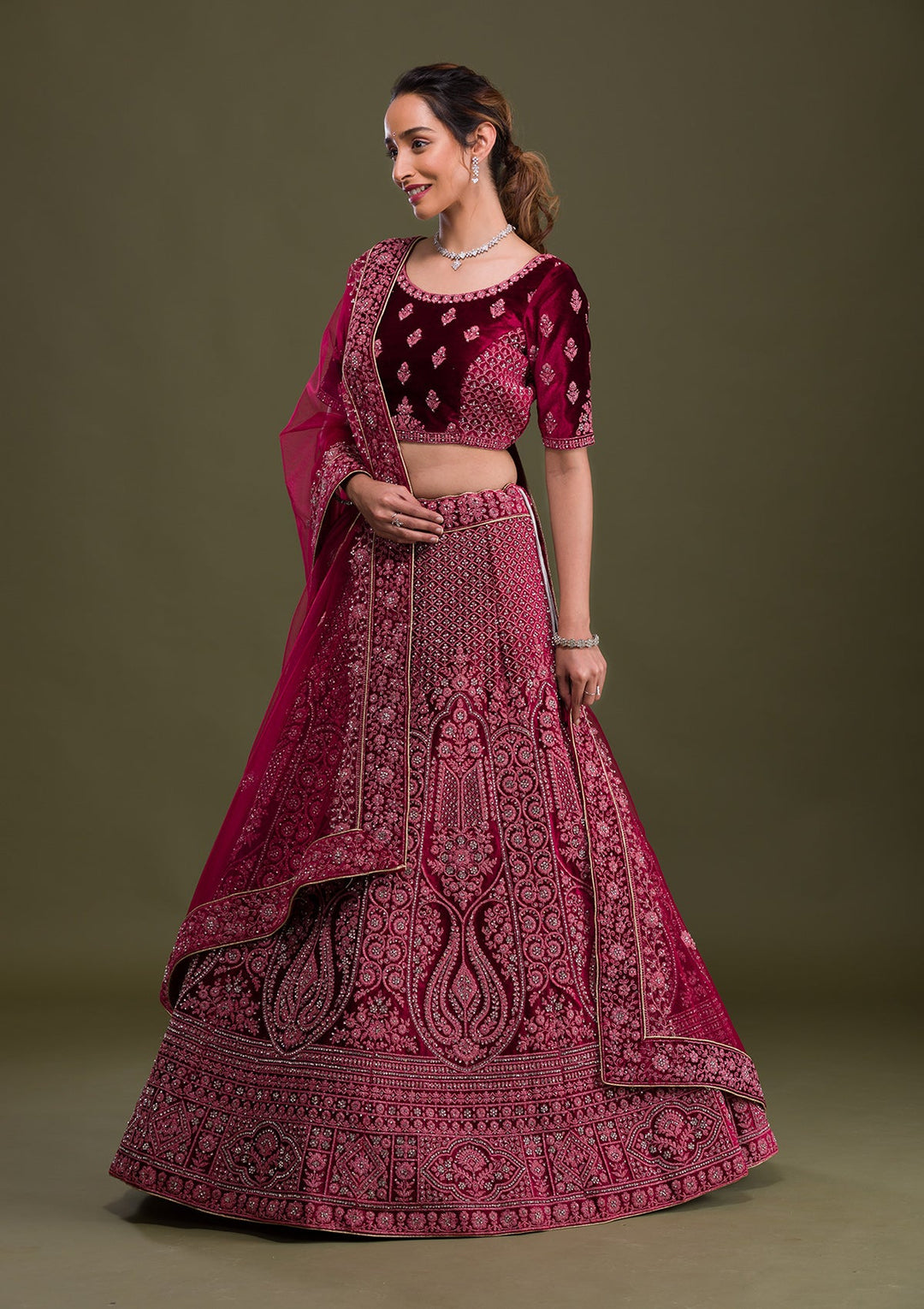 Maroon Stonework Velvet Semi Stitched Lehenga-Koskii