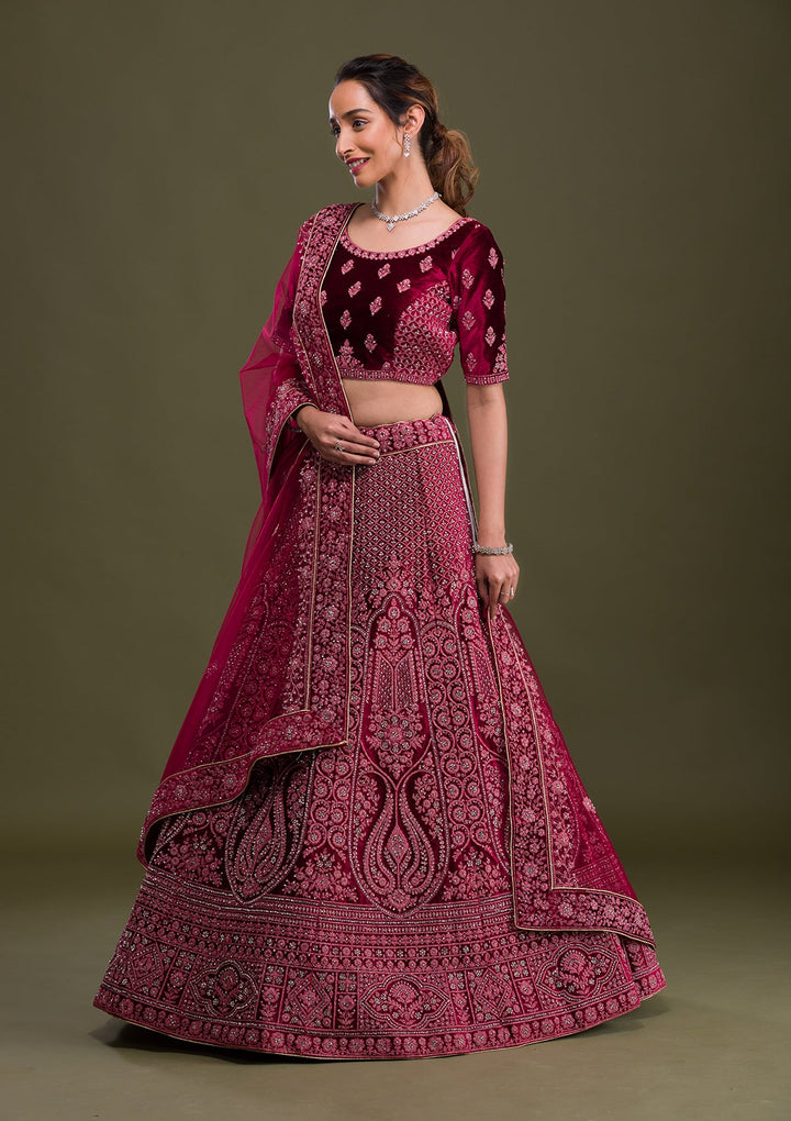 Maroon Stonework Velvet Semi Stitched Lehenga-Koskii