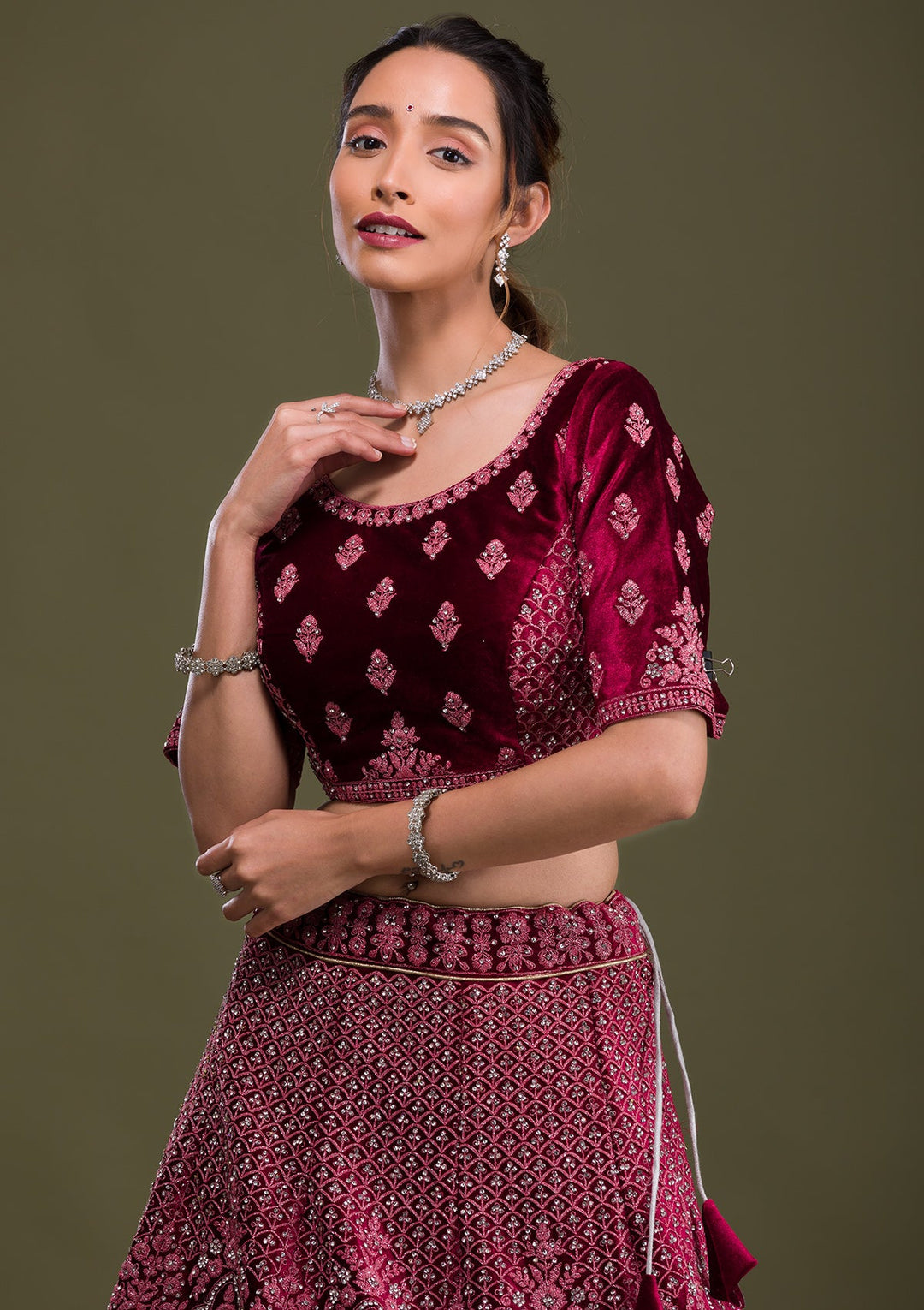 Maroon Stonework Velvet Semi Stitched Lehenga-Koskii
