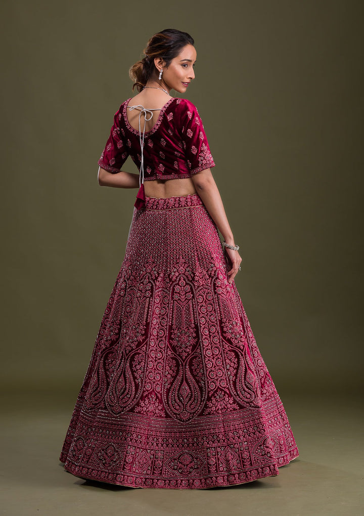 Maroon Stonework Velvet Semi Stitched Lehenga-Koskii