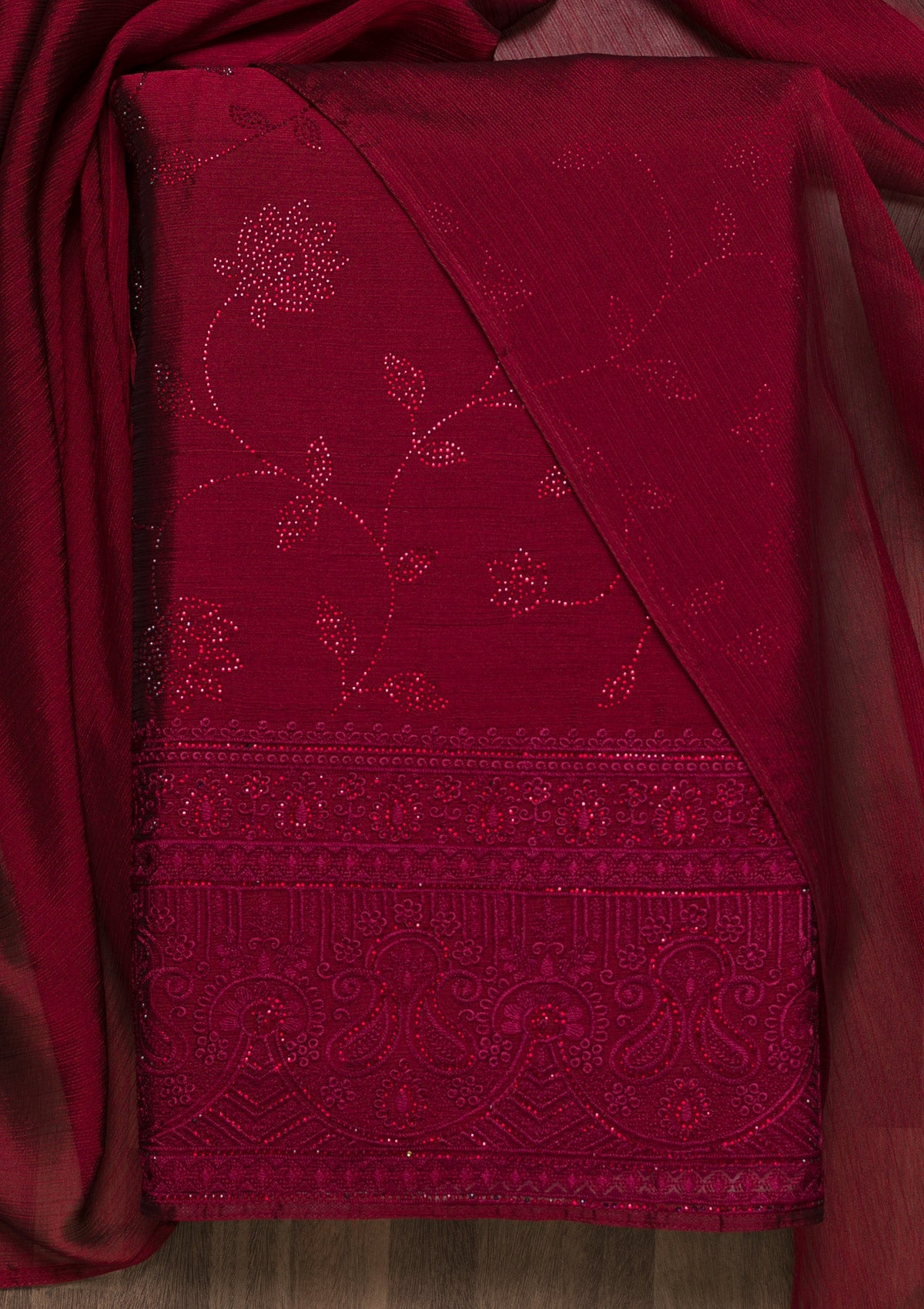 Maroon Swarovski Chiffon Unstitched Salwar Suit-Koskii