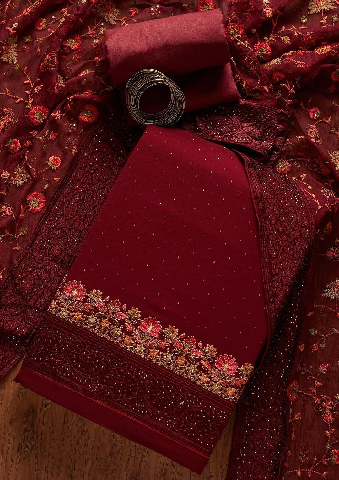 Maroon Swarovski Georgette Designer Unstitched Salwar Suit - koskii