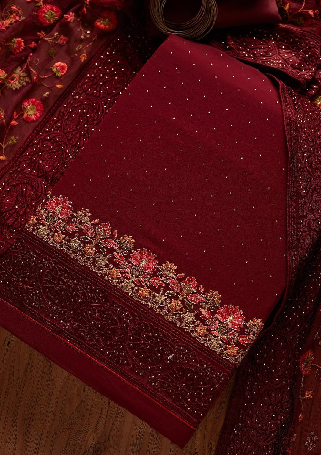 Maroon Swarovski Georgette Designer Unstitched Salwar Suit - koskii
