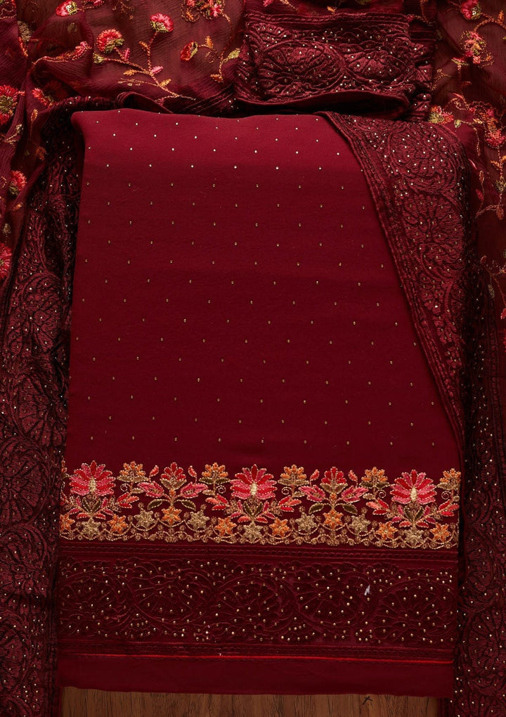 Maroon Swarovski Georgette Designer Unstitched Salwar Suit - koskii
