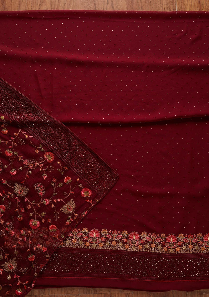 Maroon Swarovski Georgette Designer Unstitched Salwar Suit - koskii