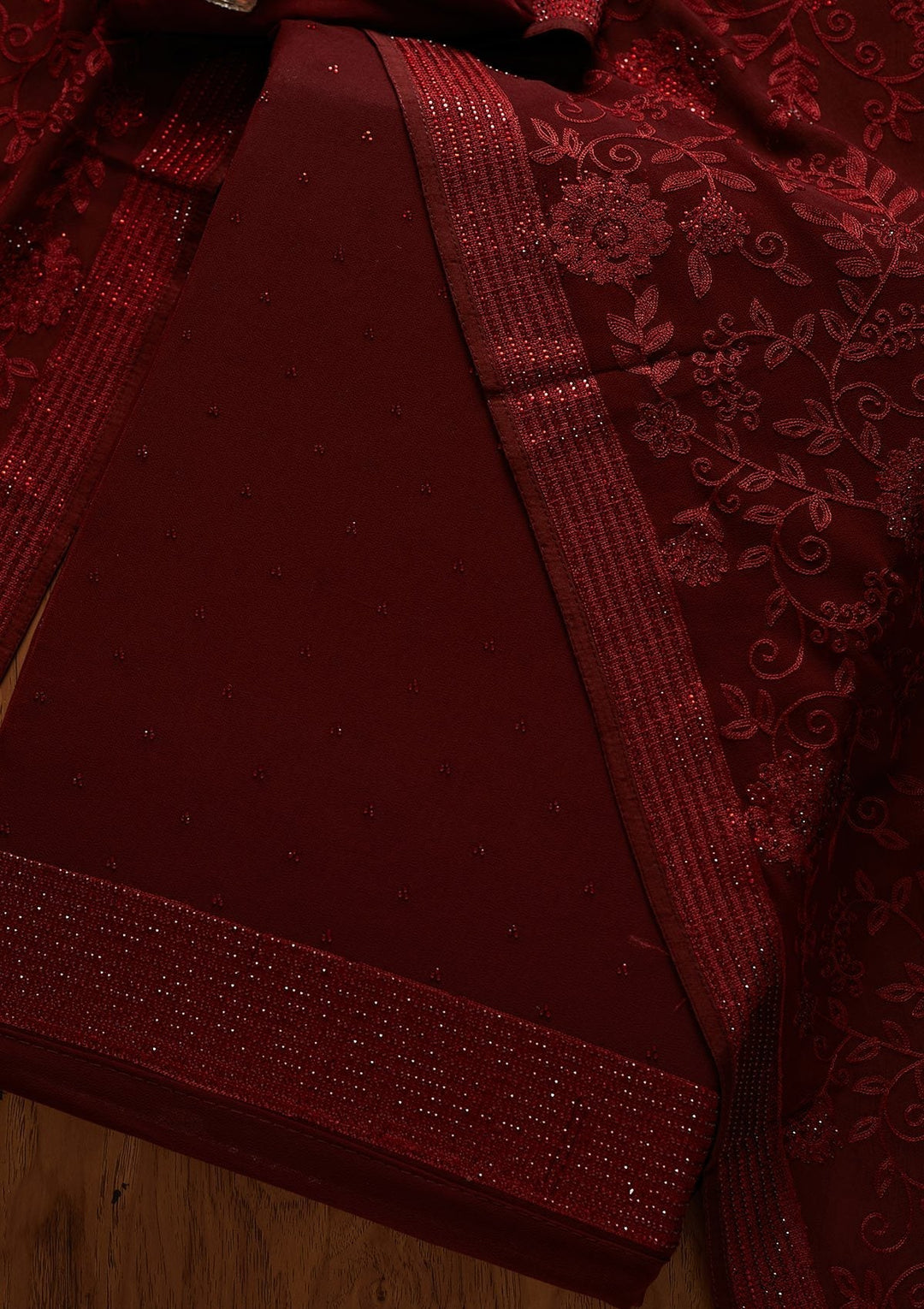 Maroon Swarovski Georgette Designer Unstitched Salwar Suit - koskii