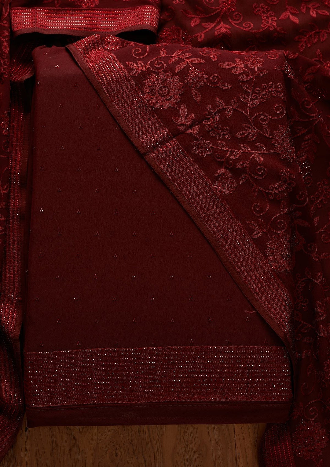 Maroon Swarovski Georgette Designer Unstitched Salwar Suit - koskii