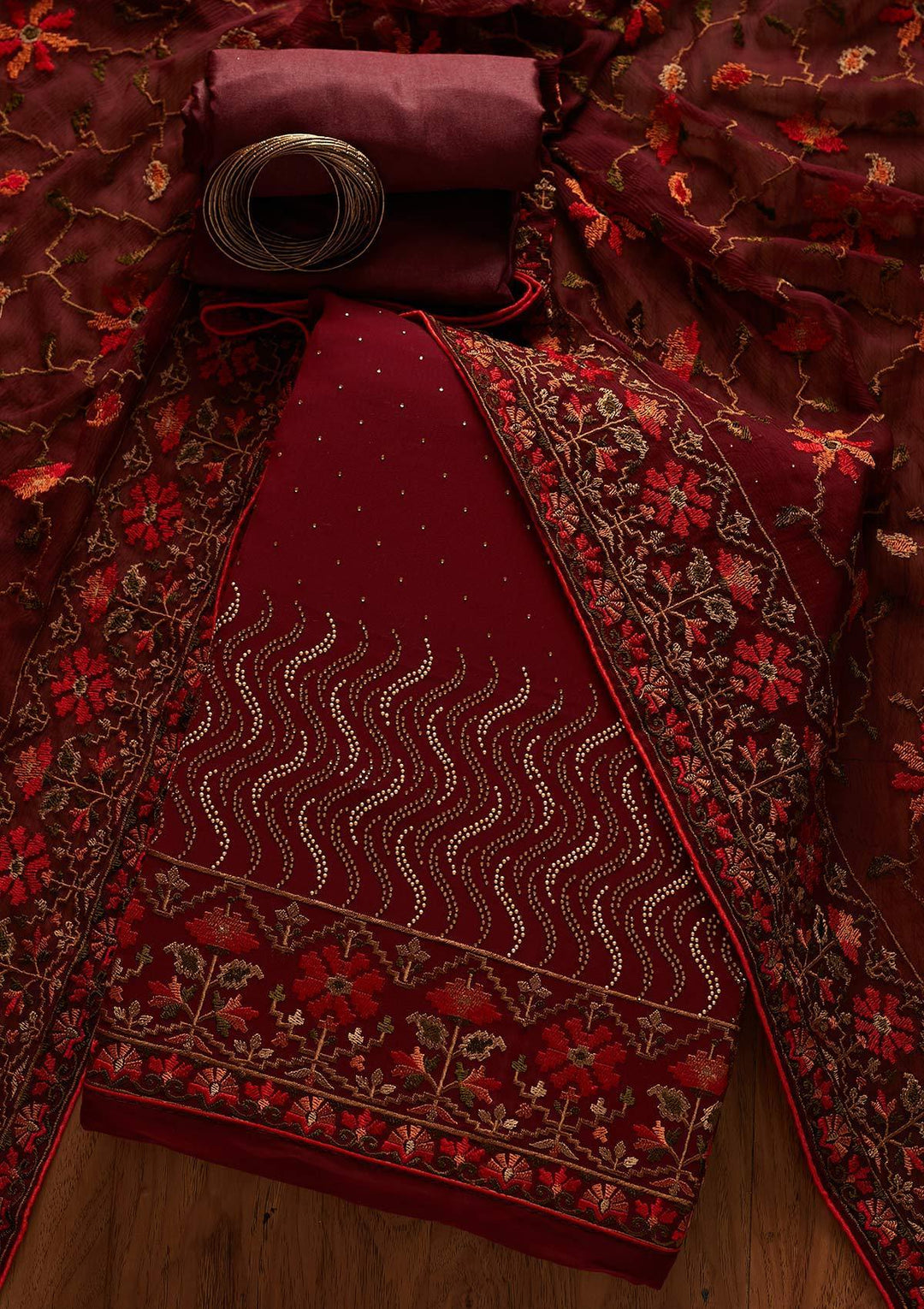 Maroon Swarovski Georgette Designer Unstitched Salwar Suit - koskii