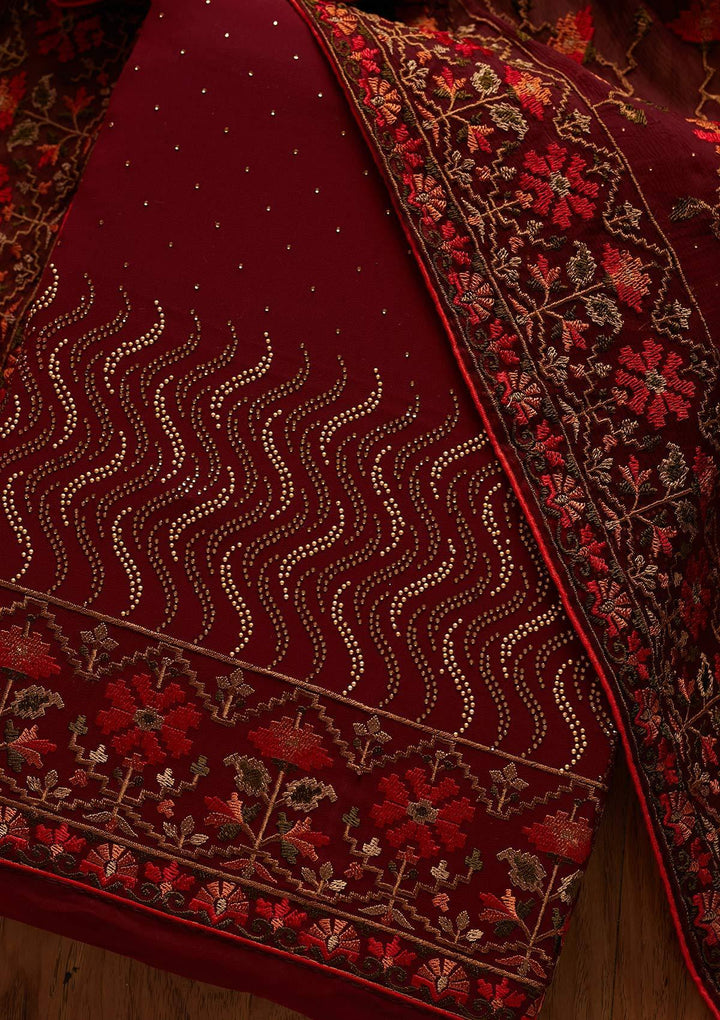 Maroon Swarovski Georgette Designer Unstitched Salwar Suit - koskii