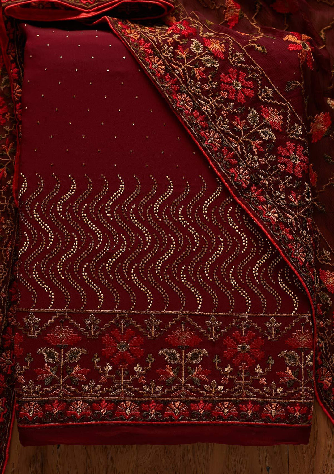 Maroon Swarovski Georgette Designer Unstitched Salwar Suit - koskii