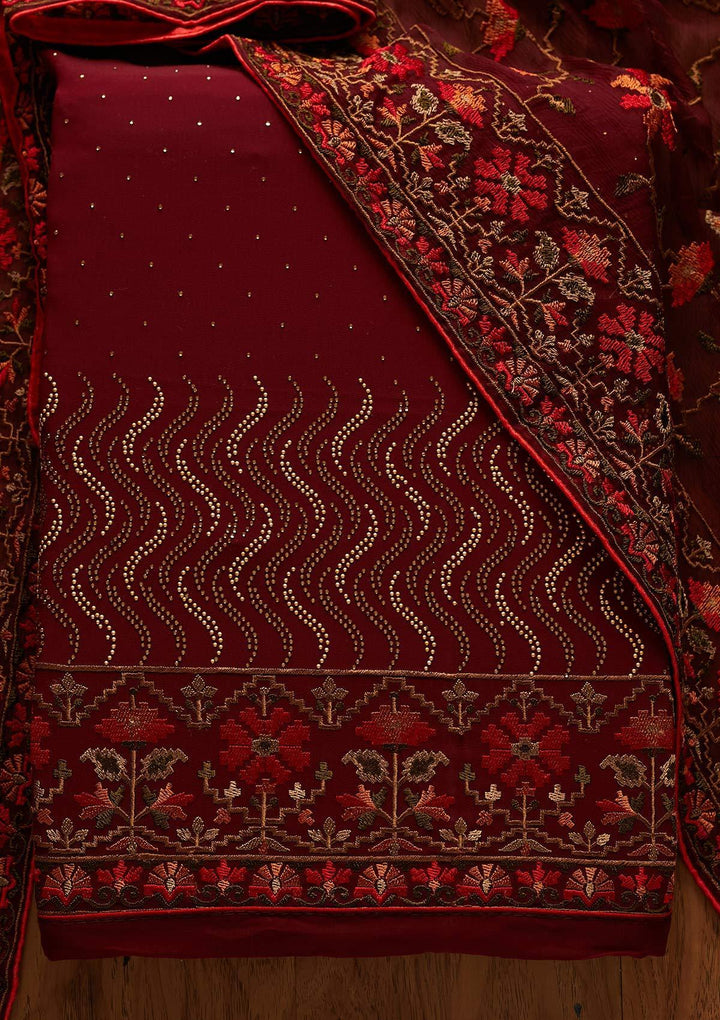 Maroon Swarovski Georgette Designer Unstitched Salwar Suit - koskii