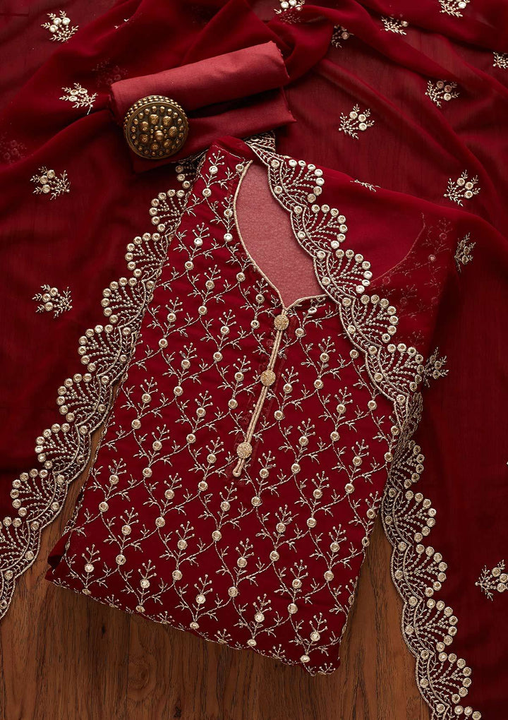 Maroon Swarovski Georgette Designer Unstitched Salwar Suit - Koskii