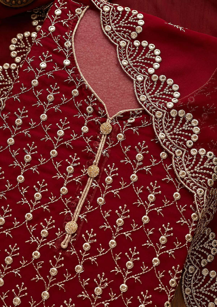 Maroon Swarovski Georgette Designer Unstitched Salwar Suit - Koskii