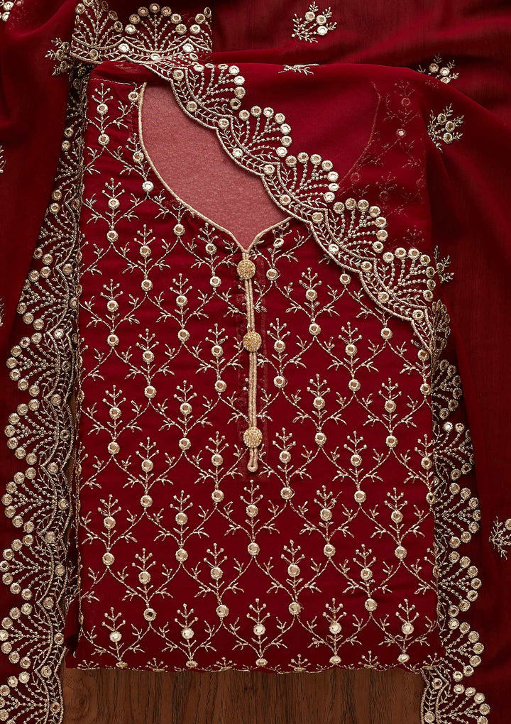 Maroon Swarovski Georgette Designer Unstitched Salwar Suit - Koskii