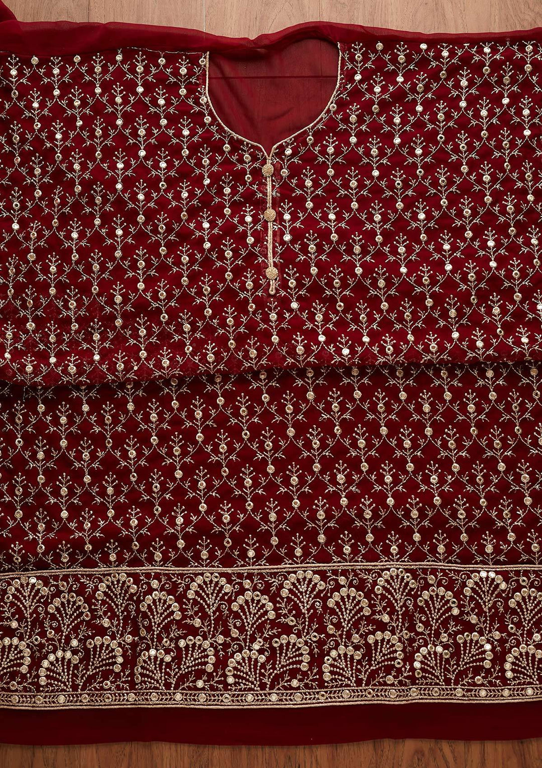 Maroon Swarovski Georgette Designer Unstitched Salwar Suit - Koskii