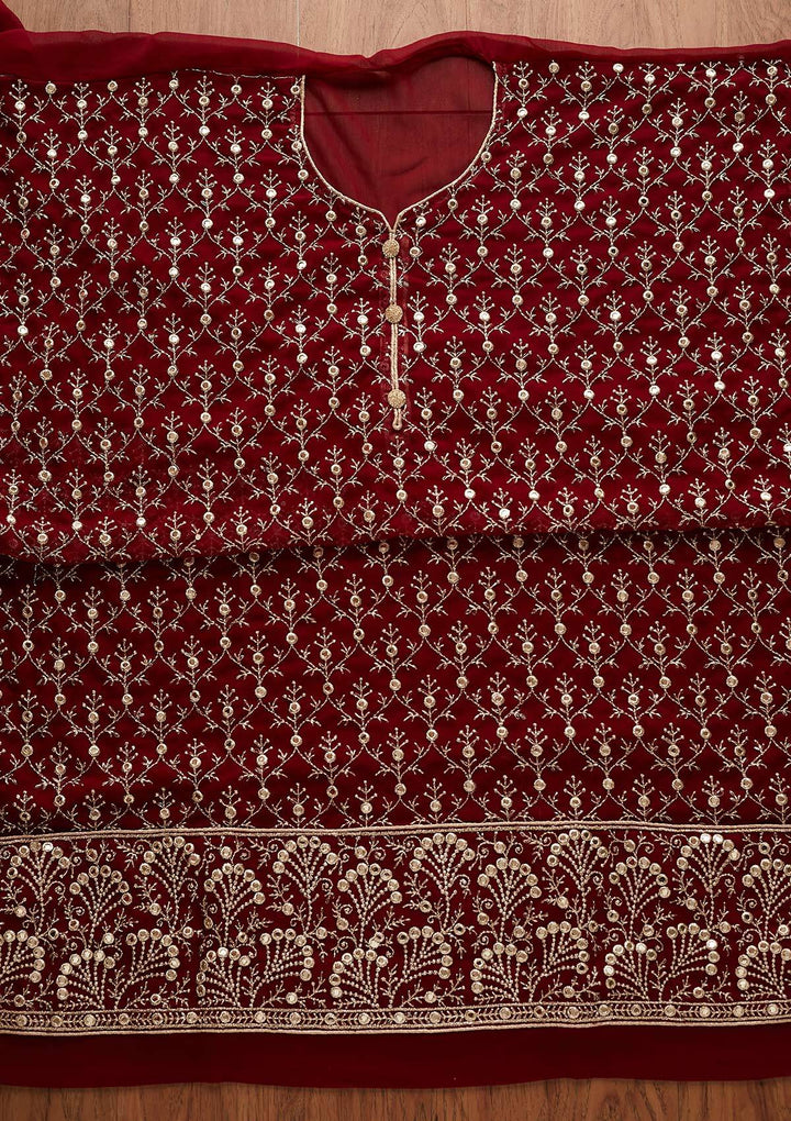 Maroon Swarovski Georgette Designer Unstitched Salwar Suit - Koskii