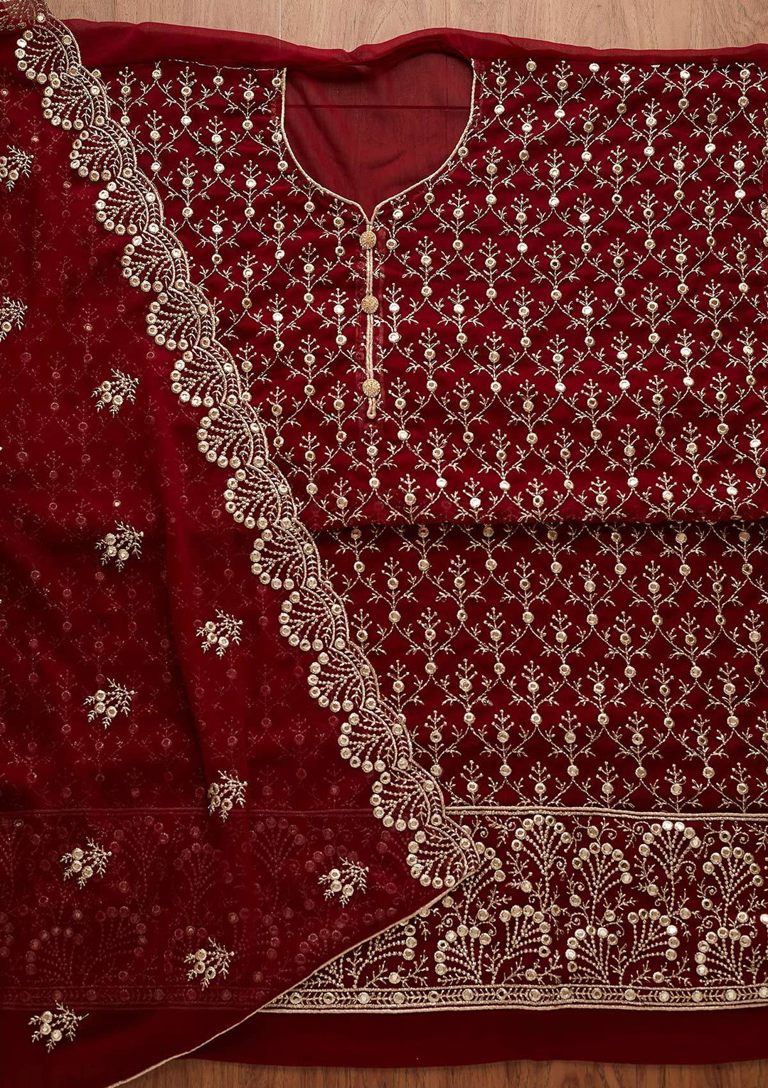 Maroon Swarovski Georgette Designer Unstitched Salwar Suit - Koskii