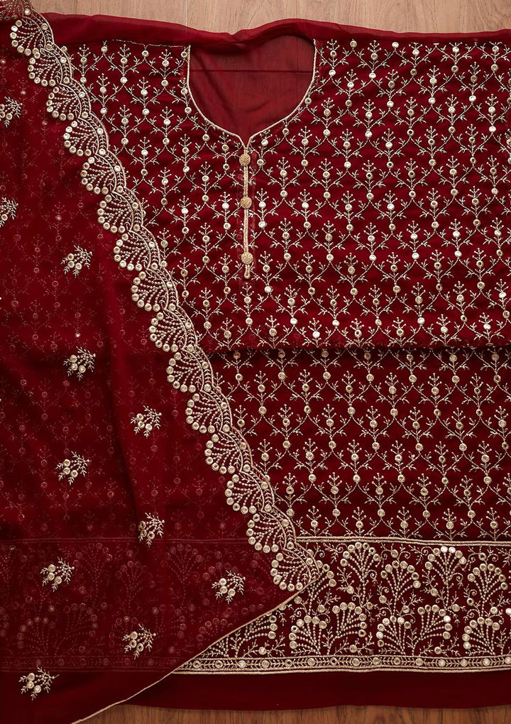 Maroon Swarovski Georgette Designer Unstitched Salwar Suit - Koskii