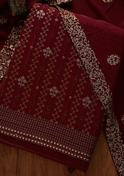 Maroon Swarovski Georgette Designer Unstitched Salwar Suit - koskii