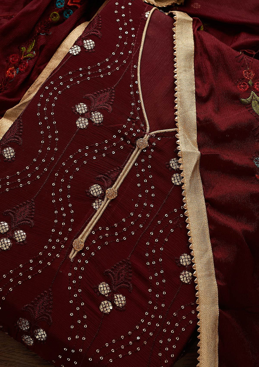 Maroon Swarovski Georgette Designer Unstitched Salwar Suit - Koskii