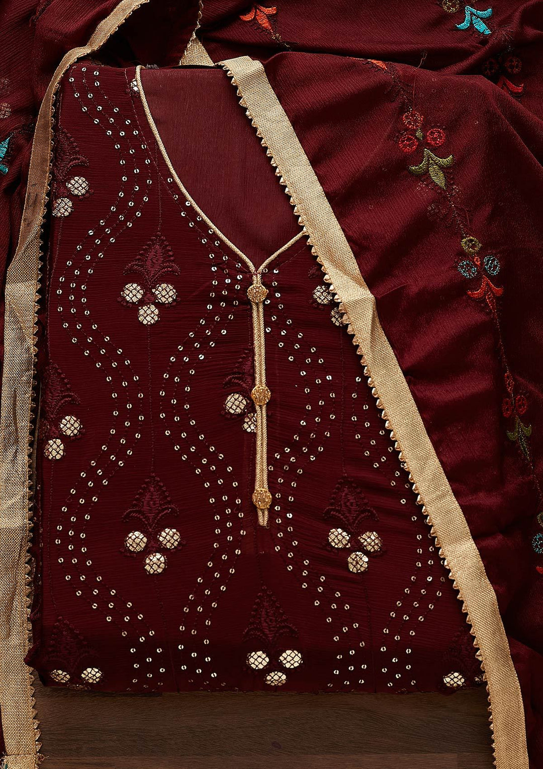 Maroon Swarovski Georgette Designer Unstitched Salwar Suit - Koskii