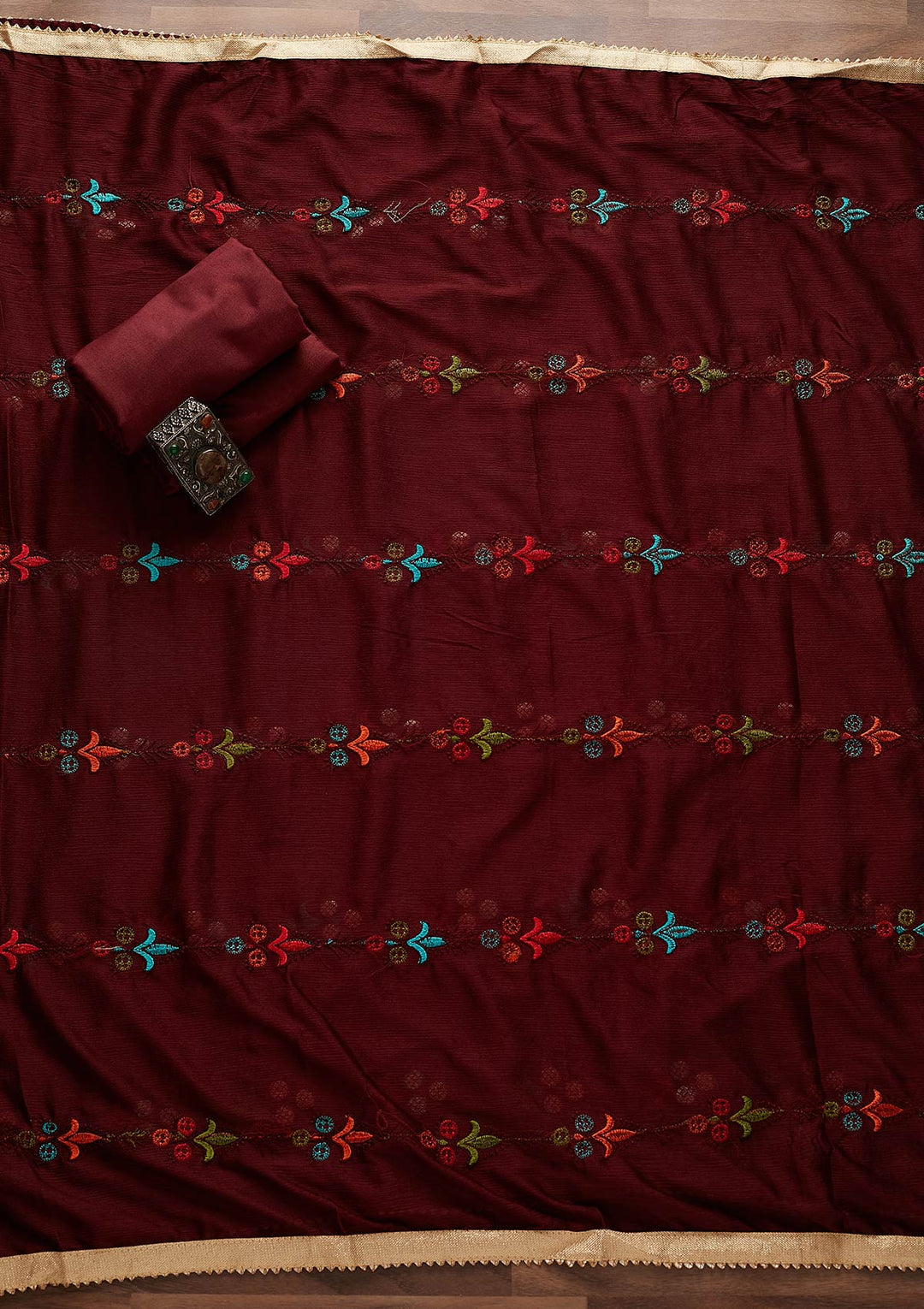 Maroon Swarovski Georgette Designer Unstitched Salwar Suit - Koskii
