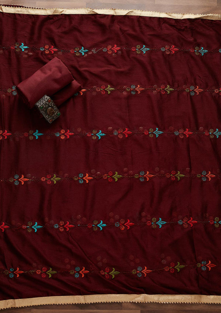 Maroon Swarovski Georgette Designer Unstitched Salwar Suit - Koskii